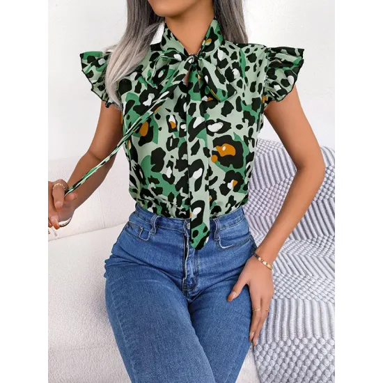 Leopard Cap Sleeve Loose Statement Collar Vest Top Leopard Cap Sleeve Loose Statement Collar Vest Top
