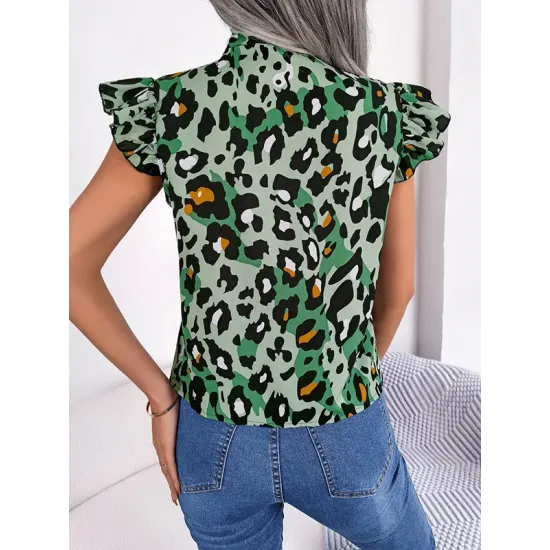 Leopard Cap Sleeve Loose Statement Collar Vest Top Leopard Cap Sleeve Loose Statement Collar Vest Top