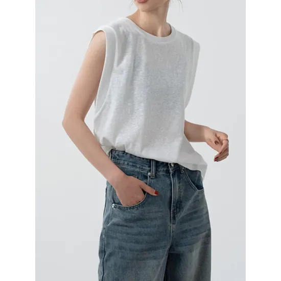See-Through Solid Color Loose Sleeveless Round-Neck Vest Top See-Through Solid Color Loose Sleeveless Round-Neck Vest Top