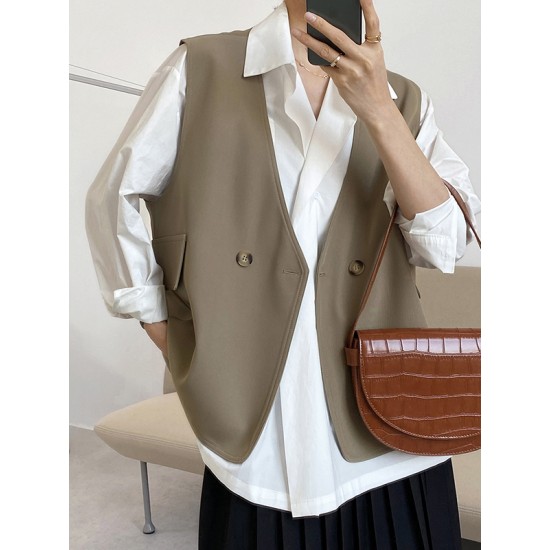 Pockets Split-Joint Loose Sleeveless V-Neck Vest Top Pockets Split-Joint Loose Sleeveless V-Neck Vest Top