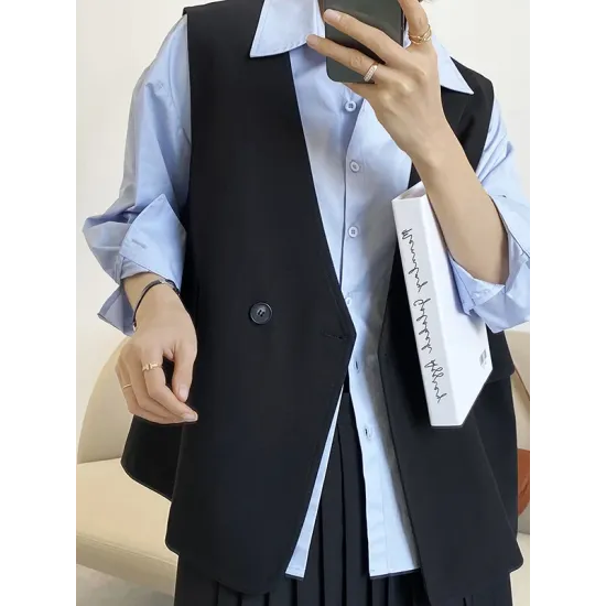 Pockets Split-Joint Loose Sleeveless V-Neck Vest Top Pockets Split-Joint Loose Sleeveless V-Neck Vest Top