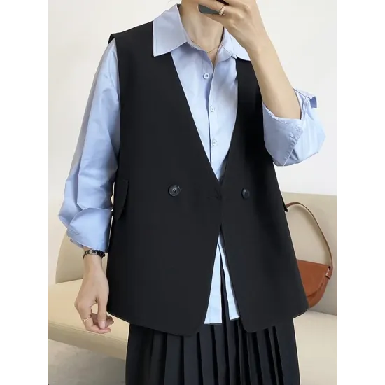 Pockets Split-Joint Loose Sleeveless V-Neck Vest Top Pockets Split-Joint Loose Sleeveless V-Neck Vest Top