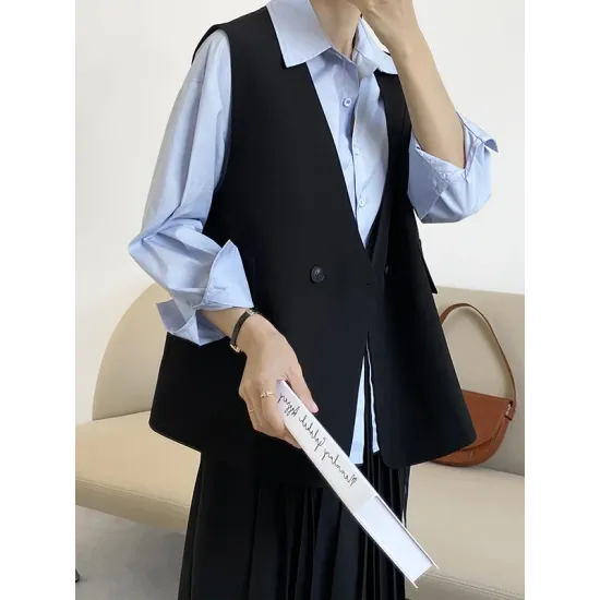 Pockets Split-Joint Loose Sleeveless V-Neck Vest Top Pockets Split-Joint Loose Sleeveless V-Neck Vest Top