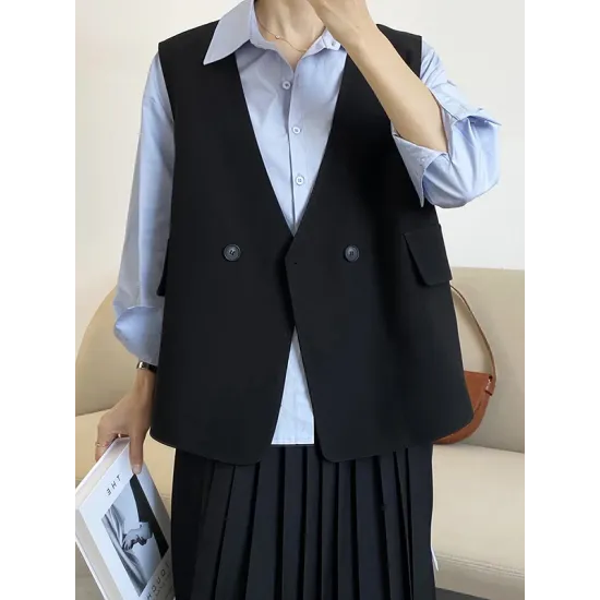 Pockets Split-Joint Loose Sleeveless V-Neck Vest Top Pockets Split-Joint Loose Sleeveless V-Neck Vest Top