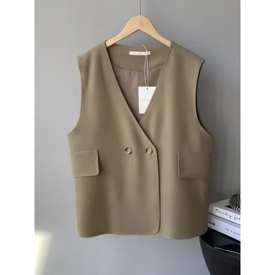 Pockets Split-Joint Loose Sleeveless V-Neck Vest Top Pockets Split-Joint Loose Sleeveless V-Neck Vest Top