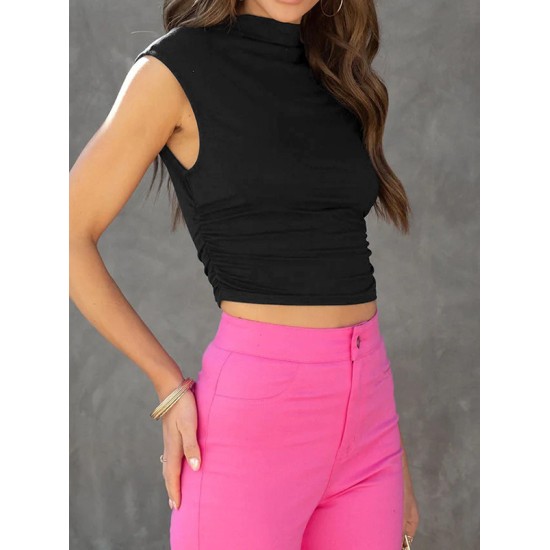 Pleated Solid Color Skinny Sleeveless Stand Collar Vest Top Pleated Solid Color Skinny Sleeveless Stand Collar Vest Top