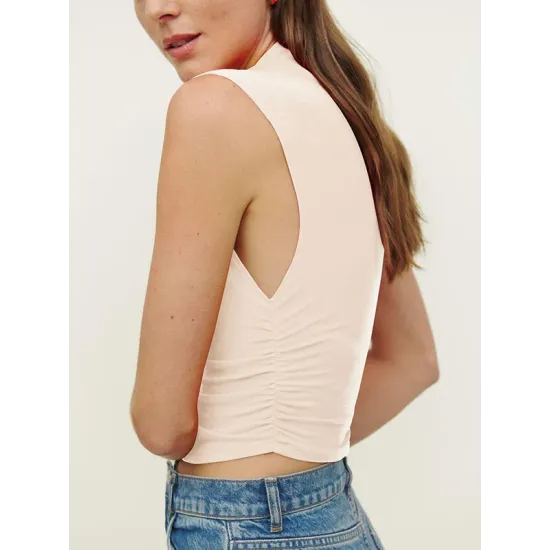 Pleated Solid Color Skinny Sleeveless Stand Collar Vest Top Pleated Solid Color Skinny Sleeveless Stand Collar Vest Top