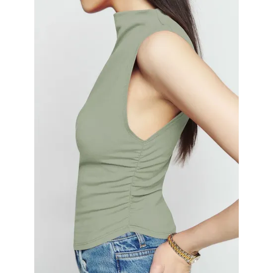 Pleated Solid Color Skinny Sleeveless Stand Collar Vest Top Pleated Solid Color Skinny Sleeveless Stand Collar Vest Top