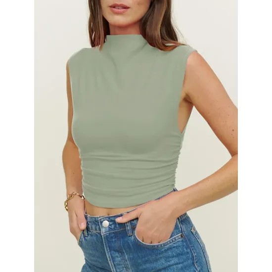 Pleated Solid Color Skinny Sleeveless Stand Collar Vest Top Pleated Solid Color Skinny Sleeveless Stand Collar Vest Top