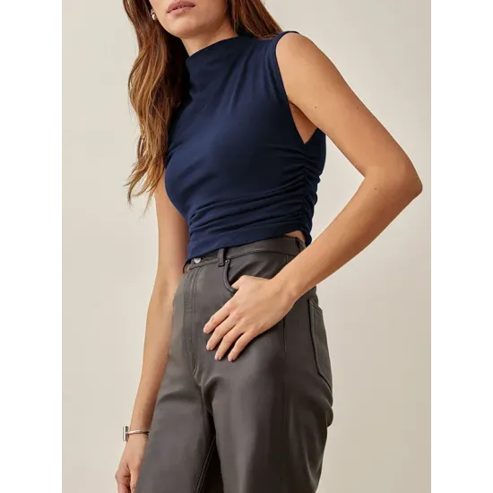 Pleated Solid Color Skinny Sleeveless Stand Collar Vest Top Pleated Solid Color Skinny Sleeveless Stand Collar Vest Top