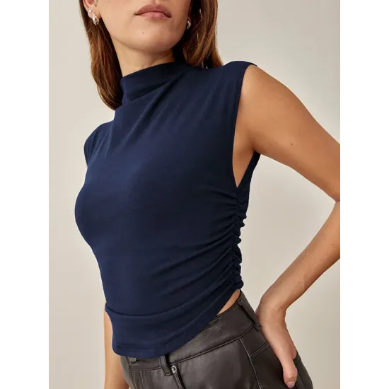 Pleated Solid Color Skinny Sleeveless Stand Collar Vest Top Pleated Solid Color Skinny Sleeveless Stand Collar Vest Top