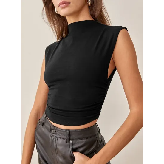 Pleated Solid Color Skinny Sleeveless Stand Collar Vest Top Pleated Solid Color Skinny Sleeveless Stand Collar Vest Top