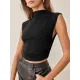 Pleated Solid Color Skinny Sleeveless Stand Collar Vest Top Pleated Solid Color Skinny Sleeveless Stand Collar Vest Top