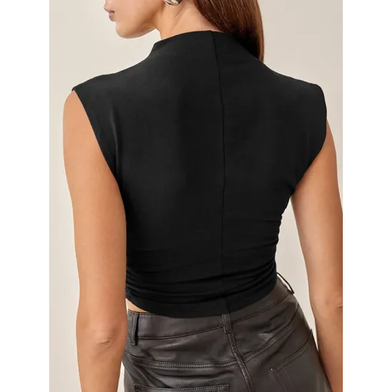 Pleated Solid Color Skinny Sleeveless Stand Collar Vest Top Pleated Solid Color Skinny Sleeveless Stand Collar Vest Top