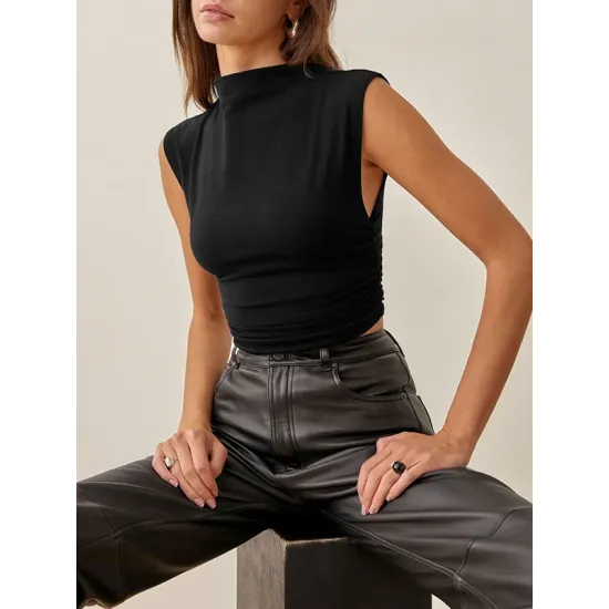 Pleated Solid Color Skinny Sleeveless Stand Collar Vest Top Pleated Solid Color Skinny Sleeveless Stand Collar Vest Top