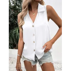 Buttoned Solid Color Split-Joint Loose Sleeveless V-neck Vest Top
