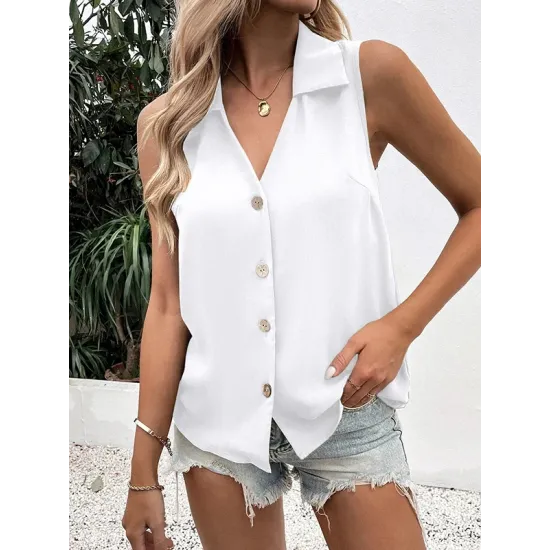 Buttoned Solid Color Split-Joint Loose Sleeveless V-neck Vest Top Buttoned Solid Color Split-Joint Loose Sleeveless V-neck Vest Top
