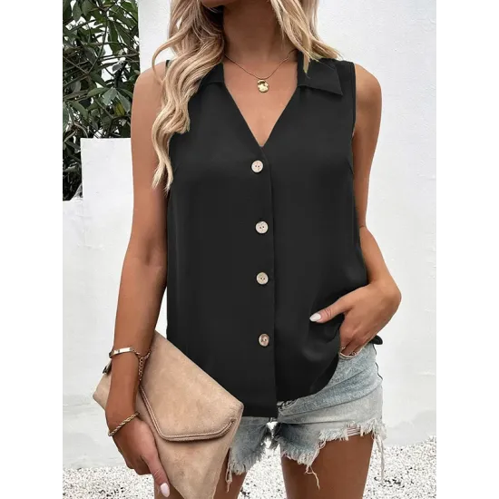 Buttoned Solid Color Split-Joint Loose Sleeveless V-neck Vest Top Buttoned Solid Color Split-Joint Loose Sleeveless V-neck Vest Top