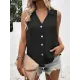 Buttoned Solid Color Split-Joint Loose Sleeveless V-neck Vest Top Buttoned Solid Color Split-Joint Loose Sleeveless V-neck Vest Top