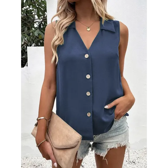 Buttoned Solid Color Split-Joint Loose Sleeveless V-neck Vest Top Buttoned Solid Color Split-Joint Loose Sleeveless V-neck Vest Top