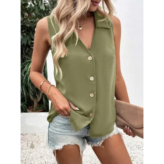 Buttoned Solid Color Split-Joint Loose Sleeveless V-neck Vest Top Buttoned Solid Color Split-Joint Loose Sleeveless V-neck Vest Top