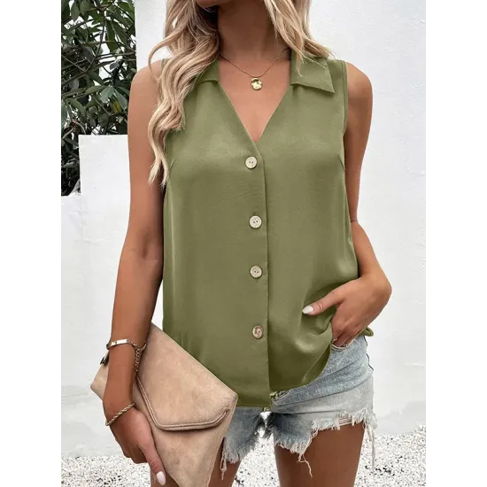 Buttoned Solid Color Split-Joint Loose Sleeveless V-neck Vest Top Buttoned Solid Color Split-Joint Loose Sleeveless V-neck Vest Top
