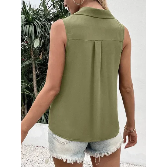 Buttoned Solid Color Split-Joint Loose Sleeveless V-neck Vest Top Buttoned Solid Color Split-Joint Loose Sleeveless V-neck Vest Top