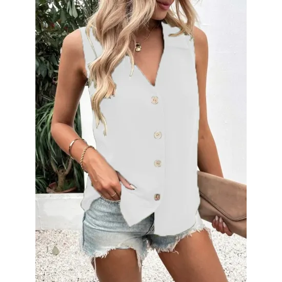 Buttoned Solid Color Split-Joint Loose Sleeveless V-neck Vest Top Buttoned Solid Color Split-Joint Loose Sleeveless V-neck Vest Top