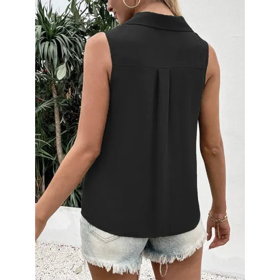 Buttoned Solid Color Split-Joint Loose Sleeveless V-neck Vest Top Buttoned Solid Color Split-Joint Loose Sleeveless V-neck Vest Top