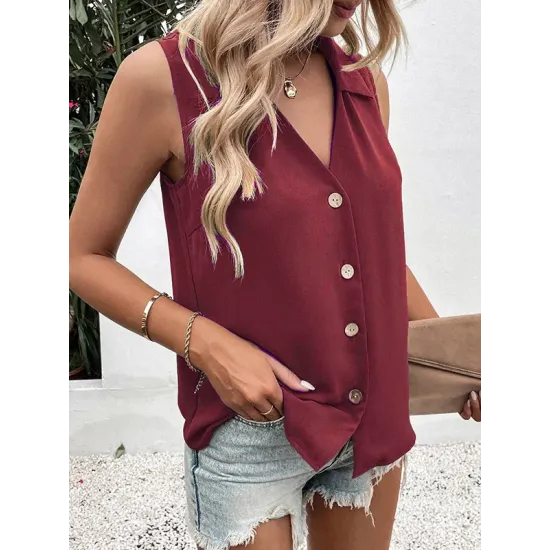 Buttoned Solid Color Split-Joint Loose Sleeveless V-neck Vest Top Buttoned Solid Color Split-Joint Loose Sleeveless V-neck Vest Top