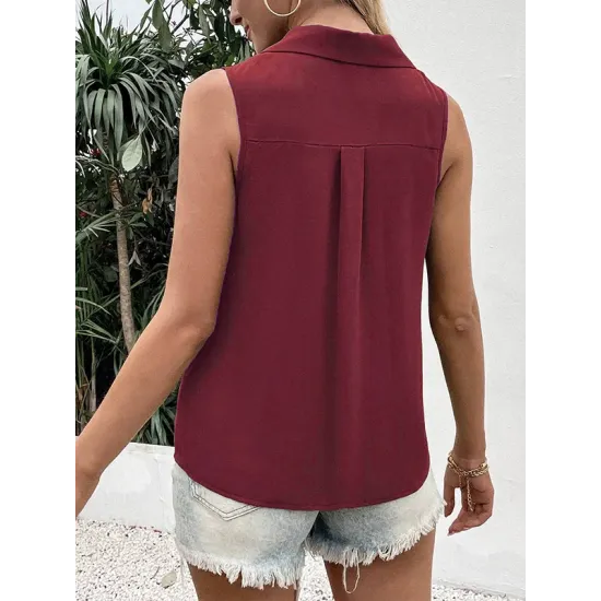 Buttoned Solid Color Split-Joint Loose Sleeveless V-neck Vest Top Buttoned Solid Color Split-Joint Loose Sleeveless V-neck Vest Top