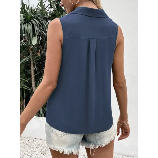 Buttoned Solid Color Split-Joint Loose Sleeveless V-neck Vest Top Buttoned Solid Color Split-Joint Loose Sleeveless V-neck Vest Top