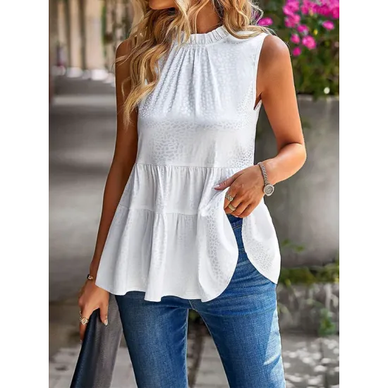Sleeveless Pleated Printed Split-Joint Mock Neck Vest Top Sleeveless Pleated Printed Split-Joint Mock Neck Vest Top