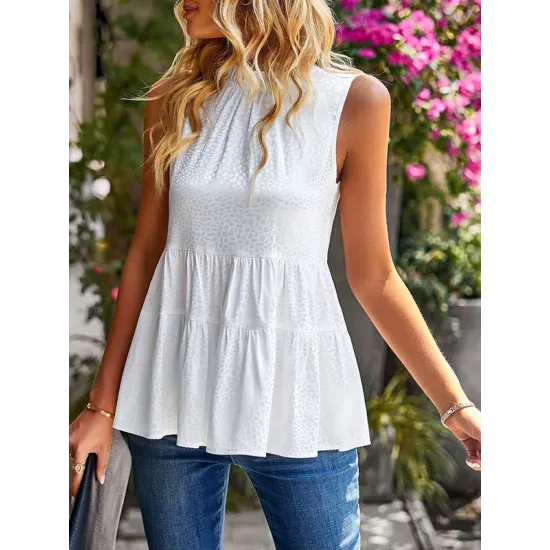 Sleeveless Pleated Printed Split-Joint Mock Neck Vest Top Sleeveless Pleated Printed Split-Joint Mock Neck Vest Top