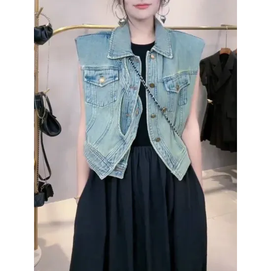 Asymmetric Buttoned Pockets Split-Joint Loose Sleeveless Lapel Collar Vest Outerwear Asymmetric Buttoned Pockets Split-Joint Loose Sleeveless Lapel Collar Vest Outerwear