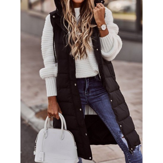 Buttoned Drawstring Keep Warm Solid Color Split-Joint Zipper Hooded Sleeveless Vest Outerwear Padded Coat Buttoned Drawstring Keep Warm Solid Color Split-Joint Zipper Hooded Sleeveless Vest Outerwear Padded Coat