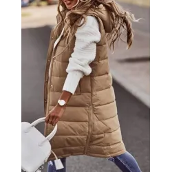 Buttoned Drawstring Keep Warm Solid Color Split-Joint Zipper Hooded Sleeveless Vest Outerwear Padded Coat