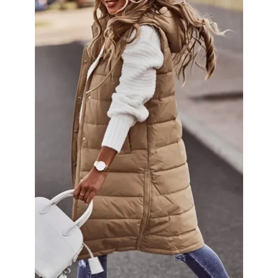 Buttoned Drawstring Keep Warm Solid Color Split-Joint Zipper Hooded Sleeveless Vest Outerwear Padded Coat Buttoned Drawstring Keep Warm Solid Color Split-Joint Zipper Hooded Sleeveless Vest Outerwear Padded Coat