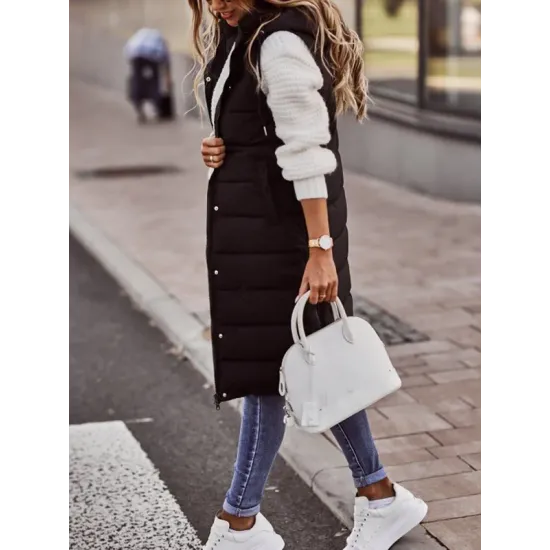 Buttoned Drawstring Keep Warm Solid Color Split-Joint Zipper Hooded Sleeveless Vest Outerwear Padded Coat Buttoned Drawstring Keep Warm Solid Color Split-Joint Zipper Hooded Sleeveless Vest Outerwear Padded Coat