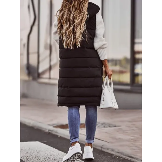Buttoned Drawstring Keep Warm Solid Color Split-Joint Zipper Hooded Sleeveless Vest Outerwear Padded Coat Buttoned Drawstring Keep Warm Solid Color Split-Joint Zipper Hooded Sleeveless Vest Outerwear Padded Coat