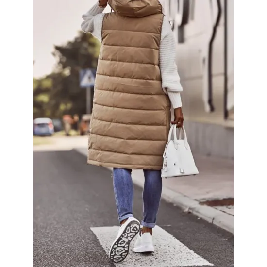 Buttoned Drawstring Keep Warm Solid Color Split-Joint Zipper Hooded Sleeveless Vest Outerwear Padded Coat Buttoned Drawstring Keep Warm Solid Color Split-Joint Zipper Hooded Sleeveless Vest Outerwear Padded Coat