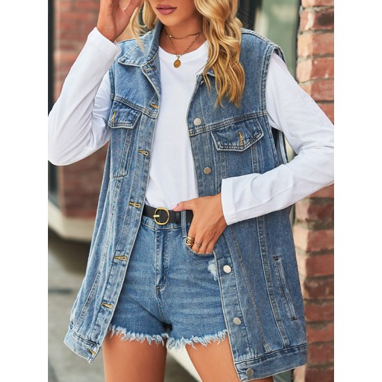 Buttoned Drawstring Pockets Split-Joint Loose Sleeveless Polo Vest Outerwear Buttoned Drawstring Pockets Split-Joint Loose Sleeveless Polo Vest Outerwear