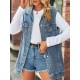 Buttoned Drawstring Pockets Split-Joint Loose Sleeveless Polo Vest Outerwear Buttoned Drawstring Pockets Split-Joint Loose Sleeveless Polo Vest Outerwear