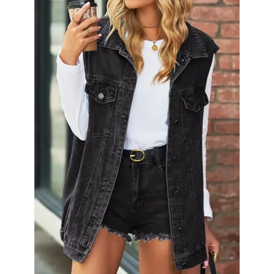 Buttoned Drawstring Pockets Split-Joint Loose Sleeveless Polo Vest Outerwear Buttoned Drawstring Pockets Split-Joint Loose Sleeveless Polo Vest Outerwear