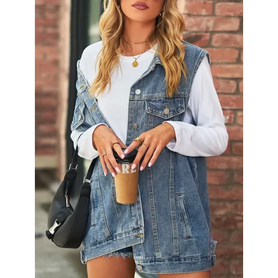 Buttoned Drawstring Pockets Split-Joint Loose Sleeveless Polo Vest Outerwear Buttoned Drawstring Pockets Split-Joint Loose Sleeveless Polo Vest Outerwear