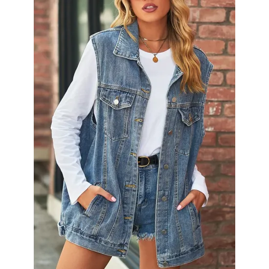 Buttoned Drawstring Pockets Split-Joint Loose Sleeveless Polo Vest Outerwear Buttoned Drawstring Pockets Split-Joint Loose Sleeveless Polo Vest Outerwear