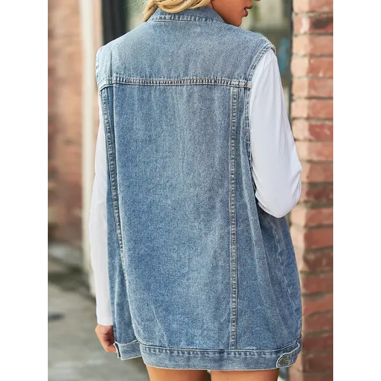 Buttoned Drawstring Pockets Split-Joint Loose Sleeveless Polo Vest Outerwear Buttoned Drawstring Pockets Split-Joint Loose Sleeveless Polo Vest Outerwear