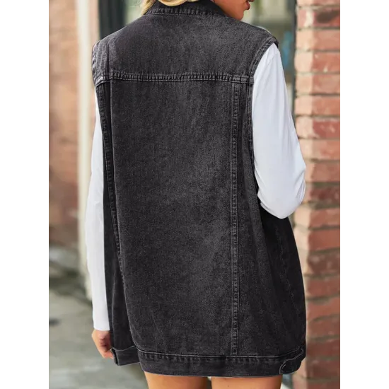 Buttoned Drawstring Pockets Split-Joint Loose Sleeveless Polo Vest Outerwear Buttoned Drawstring Pockets Split-Joint Loose Sleeveless Polo Vest Outerwear