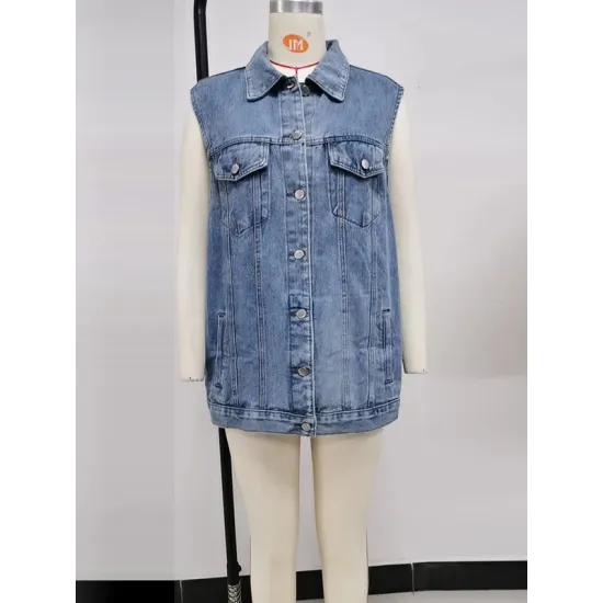 Buttoned Drawstring Pockets Split-Joint Loose Sleeveless Polo Vest Outerwear Buttoned Drawstring Pockets Split-Joint Loose Sleeveless Polo Vest Outerwear