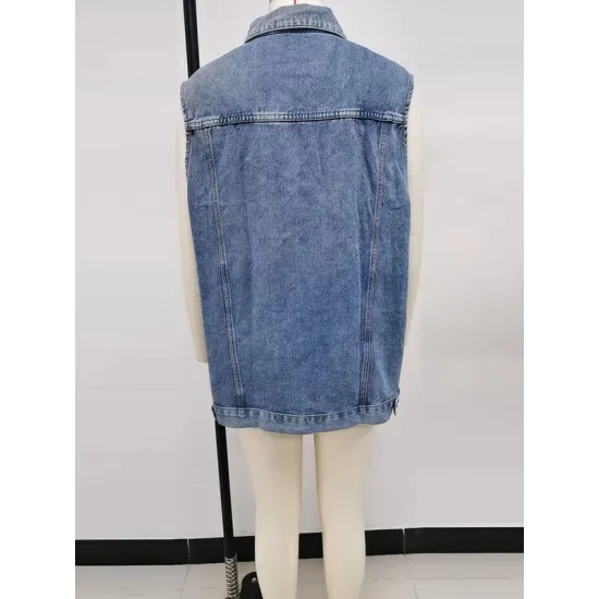 Buttoned Drawstring Pockets Split-Joint Loose Sleeveless Polo Vest Outerwear Buttoned Drawstring Pockets Split-Joint Loose Sleeveless Polo Vest Outerwear